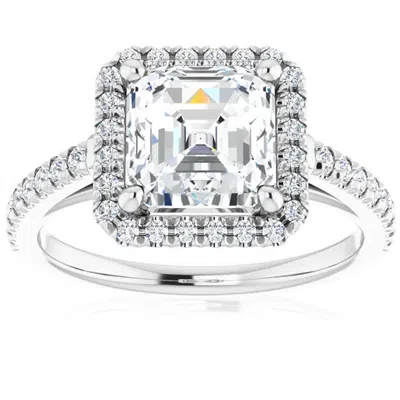 Pompeii3 3 1/2ct Asscher Cut Moissanite & Diamond Halo Engagement Ring In 10k Gold In Metallic