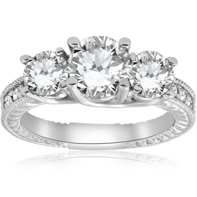 Pompeii3 2 1/2ct Vintage 3-stone Lab Grown Diamond Engagement Ring 14k White Gold In Silver