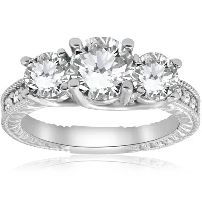 Pompeii3 2 1/2ct Vintage 3-stone Lab Grown Diamond Engagement Ring 14k White Gold Size Selectable In Metallic