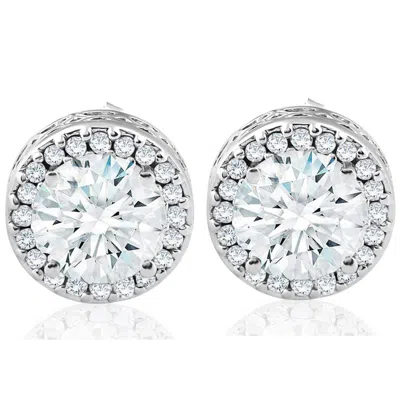 Pompeii3 2 1/4 Ct Round Diamond Halo Screw Back Vintage 14k White Gold Studs Enhanced In Multi