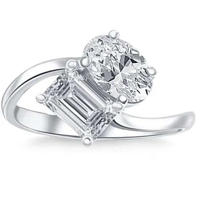 Pompeii3 2 1/4ct Tw Toi Et Moi Oval And Emerald Cut Engagement Ring White Gold Lab Grown In Silver