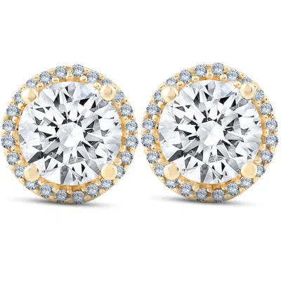 Pompeii3 2 1/5 Ct Diamond Halo Screw Back Studs 10k Yellow Gold Moissanite In Silver