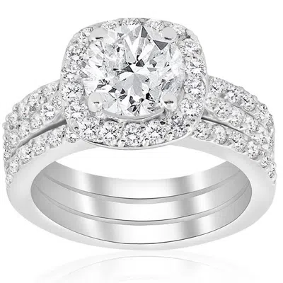 Pompeii3 2 3/4 Ct Cushion Halo Diamond Engagement Wedding Ring Trio Set 14k White Gold In Multi