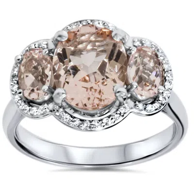 Pompeii3 2 3/4ct 3 Stone Oval Morganite & Diamond Halo Ring 14k White Gold In Multi