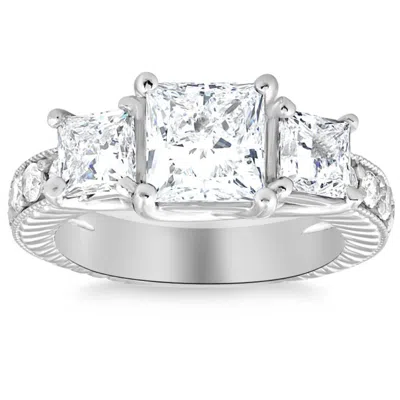 Pompeii3 2 3/4ct Princess Cut Three Stone Vintage Diamond Engagement Ring Lab Grown 14k In Silver