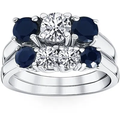 Pompeii3 2 3/4ct Treated Blue Sapphire & Diamond Three Stone Ring Set 14k White Gold In Multi