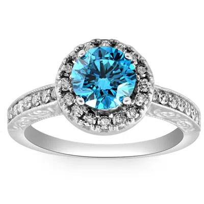 Pompeii3 2 Cttw Blue Diamond Halo Engagement Ring Hand Engraved White Gold Band
