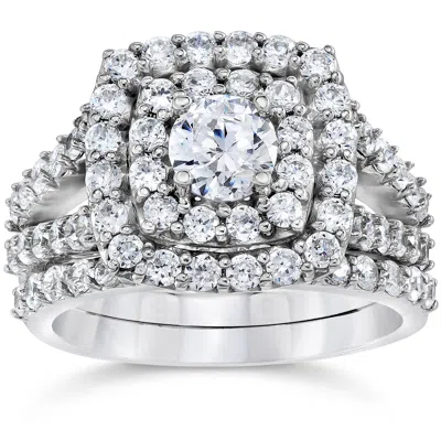 Pompeii3 2 Cttw Diamond Cushion Double Halo Engagement Wedding Ring Set 10k White Gold Size Selectable In Transparent