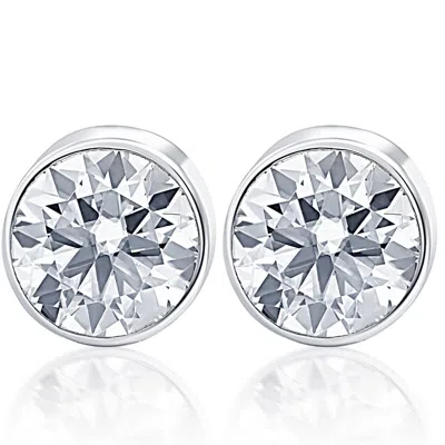 Pompeii3 2.00ct Round Brilliant Cut Natural Quality Si1-si2 Diamond Stud Earrings In 14k Gold Round Bezel Set In White