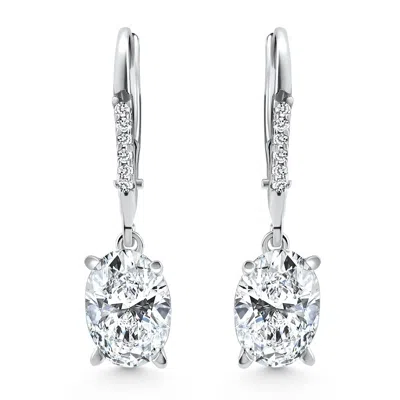 Pompeii3 2.07ct Tw Oval Diamond Dangle Lever Back Hoops 10k White Gold Lab Grown In Silver