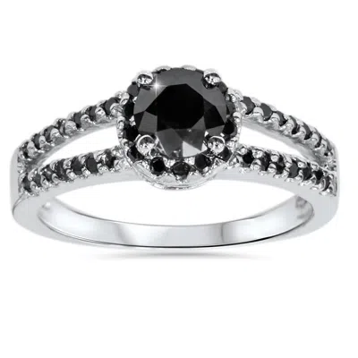 Pompeii3 2ct Black Diamond Split Shank Halo Engagement Ring 14k White Gold