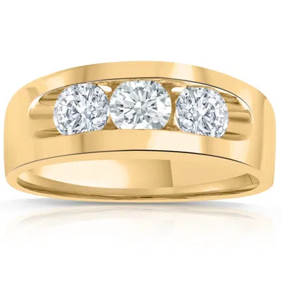 Pompeii3 2ct Diamond Mens Three Stone Ring 10k Yellow Gold In Silver