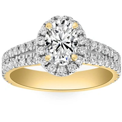 Pompeii3 2ct Diamond Oval Lab Grown Halo Engagement Ring White, Yellow Or Rose Gold In Silver