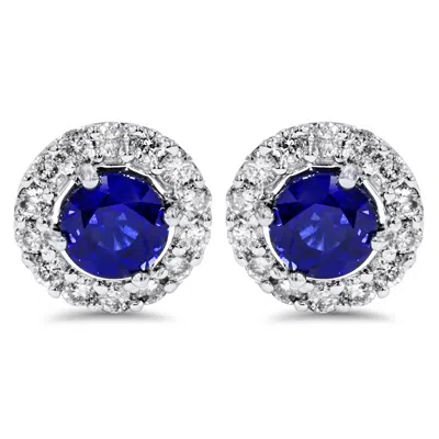 Pompeii3 2ct Halo Diamond Blue Sapphire Studs 14k White Gold (not Enhanced) In Multi