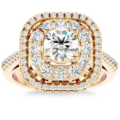 Pompeii3 2ct Moissanite & Diamond Cushion Halo Engagement Ring Rose, White Or Yellow Gold In Silver