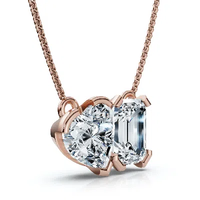 Pompeii3 2ct Toi Et Moi Heart Emerald Diamond Pendant 14k Gold 18" Necklace Lab Grown In Purple