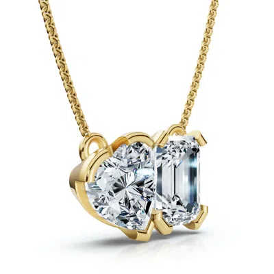 Pompeii3 2ct Toi Et Moi Heart Emerald Diamond Pendant 14k Gold Necklace Lab Grown