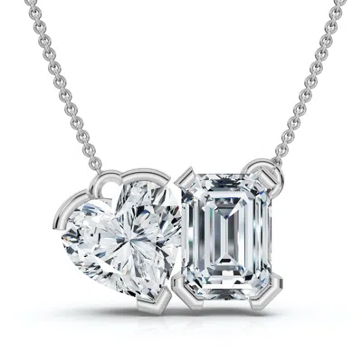 Pompeii3 2ct Toi Et Moi Heart Emerald Diamond Pendant 14k Gold Necklace Lab Grown In White