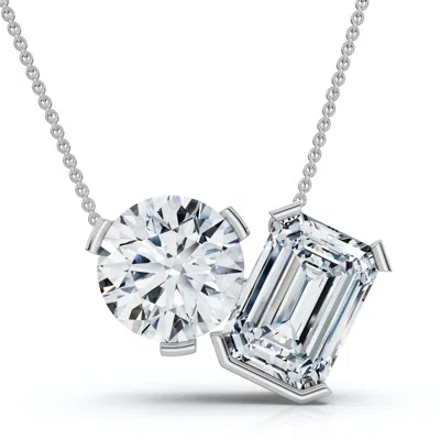 Pompeii3 2ct Toi Et Moi Round & Emerald Diamond Pendant 14k Gold 18" Necklace Lab Grown In Metallic