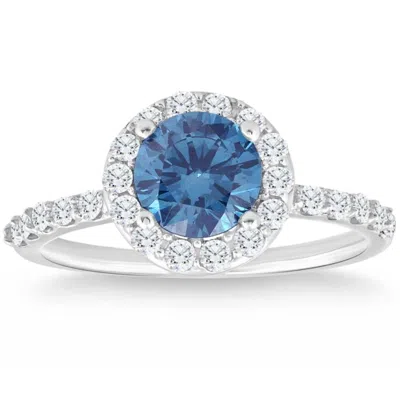 Pompeii3 2ct Tw Blue & White Diamond Halo Engagement Ring In 14k White Gold