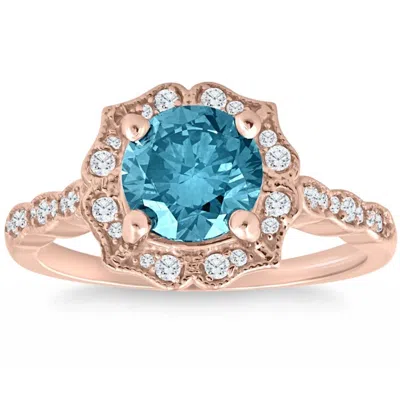 Pompeii3 2ct Tw Blue & White Diamond Halo Vintage Engagement Ring 14k Rose Gold