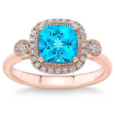 Pompeii3 2ct Tw Blue Cushion Topaz & Diamond Halo Engagement Ring In 14k Rose Gold
