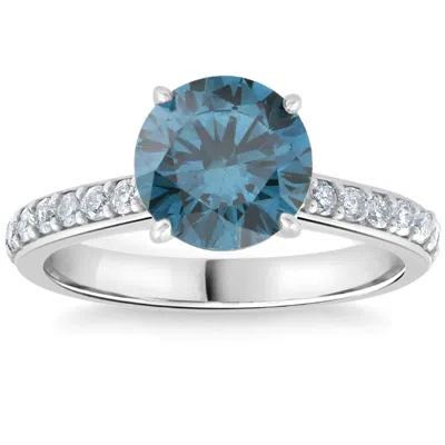 Pompeii3 2ct Tw Round Brilliant Cut Blue Diamond Engagement Ring 14k White Gold