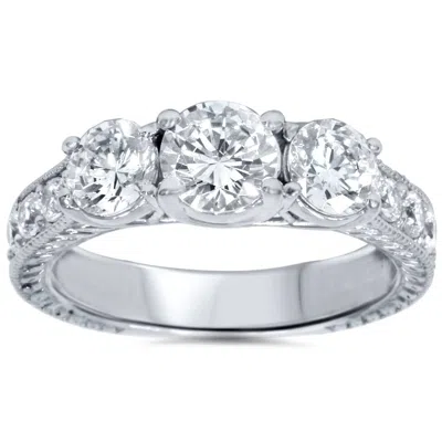 Pompeii3 2ct Vintage Three Stone Round Diamond Engagement Ring 14k White Gold In Silver