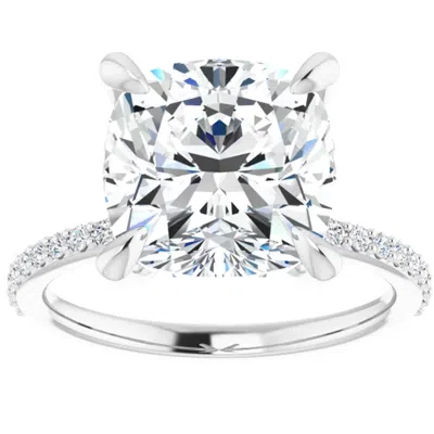 Pompeii3 3 1/2 Cushion Moissanite And Diamond Engagement Ring 14k White Gold In Silver