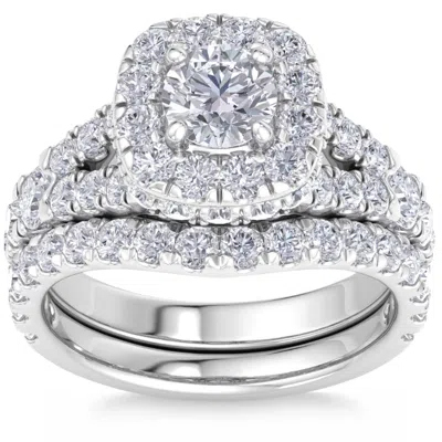 Pompeii3 3 1/2ct Cushion Halo Split Ring Diamond Engagement Set In White Yellow Rose Gold In Silver