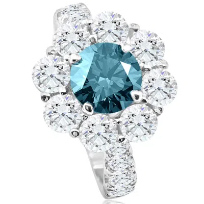 Pompeii3 3 1/2ct Tw Blue & White Diamond Halo Engagement Ring 14k White Gold Lab Grown