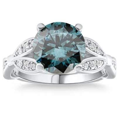 Pompeii3 3 1/4ct Tw Blue & White Vintage Diamond Engagement Ring Lab Grown 10k White Gold