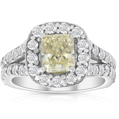 Pompeii3 3 3/4ct Fancy Yellow Cushion Diamond Halo Engagement Ring 10k White Gold In Green
