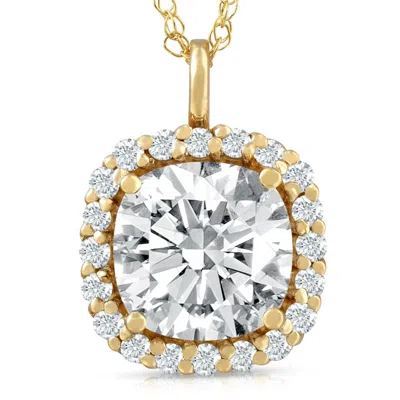 Pompeii3 3 5/8 Ct Cushion Moissanite & Lab Grown Diamond Halo Pendant 14k Gold Necklace In Multi