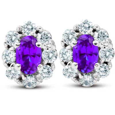 POMPEII3 3 CT AMETHYST & DIAMOND HALO STUDS 14K WHITE GOLD