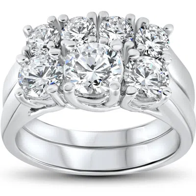 Pompeii3 3 Ct Diamond Engagement Wedding Ring Set 3-stone Matching Band 14k White Gold In Silver