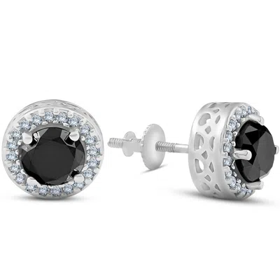 Pompeii3 3.25 Ct Black & White Round Diamond Halo Studs 14k White Gold In Multi