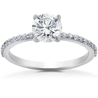 Pompeii3 1 Ct Lab Grown Diamond Side Stone Accent Engagement Ring 14k White Gold In Silver