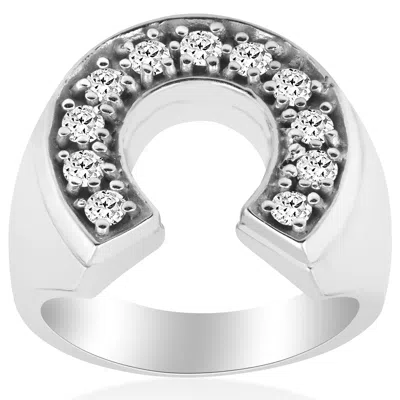 Pompeii3 3/4 Ct Men's Diamond Horseshoe Lucky Pinkie Ring 10k White Gold Fashion In Silver