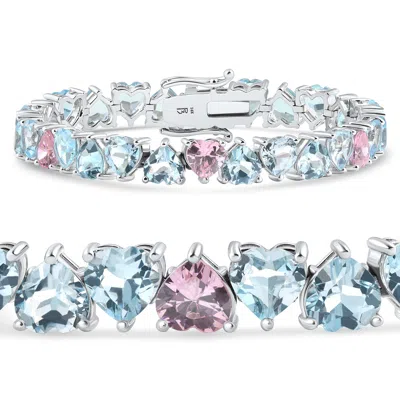 Pompeii3 34.43ct Heart Shape Pink & Blue Topaz Tennis Bracelet 14k White Gold 23.51grams In Multi