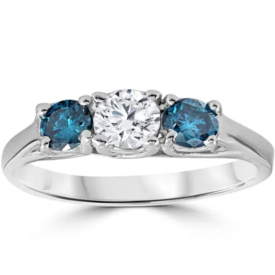 Pompeii3 3/4ct 3 Stone Blue & White Diamond Trellis Engagement Ring 14k White Gold In Multi