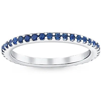 Pompeii3 3/4ct Blue Sapphire Stackable Ring Wedding Band 10k White Gold In Metallic