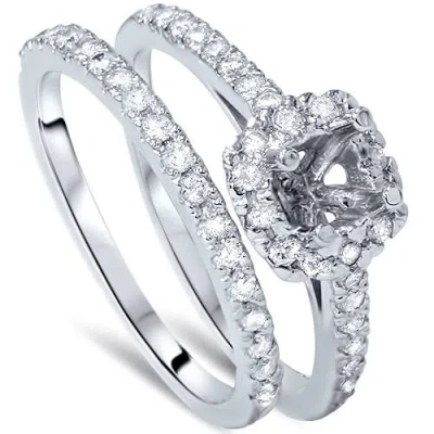 Pompeii3 3/4ct Cushion Halo Engagement Ring Setting & Band 14k White Gold In Silver
