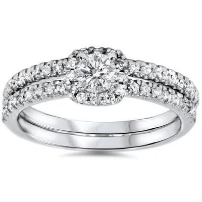 Pompeii3 3/4ct Diamond Cushion Halo Engagement Wedding Ring Set White Gold In Multi