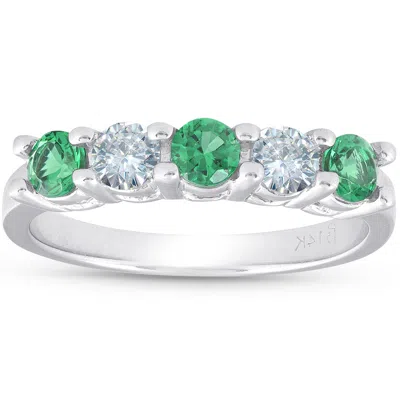 Pompeii3 3/4ct Emerald & Diamond 5-stone Wedding Ring 14k White Gold In Multi