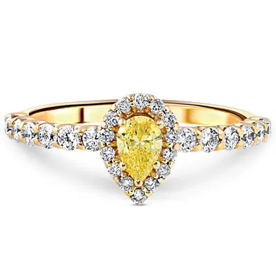 Pompeii3 3/4ct Fancy Yellow Pear Lab Grown Diamond Halo Engagement Ring Yellow Gold