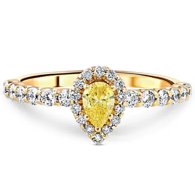 Pompeii3 3/4ct Fancy Yellow Pear Lab Grown Diamond Halo Engagement Ring Yellow Gold In Multi