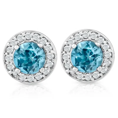 Pompeii3 3/4ct Halo Diamond Blue Topaz Studs 14k White Gold In Multi