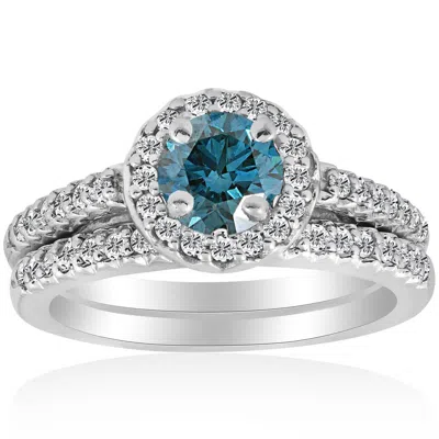 Pompeii3 3/4ct Halo Round Blue Diamond Engagement Matching Wedding Ring Set White Gold In Multi