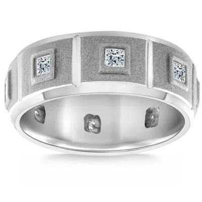 Pompeii3 3/4ct Men's Princess Cut Diamond Brushed Wedding Ring 14k Gold Lab Grown 7mm In Silver